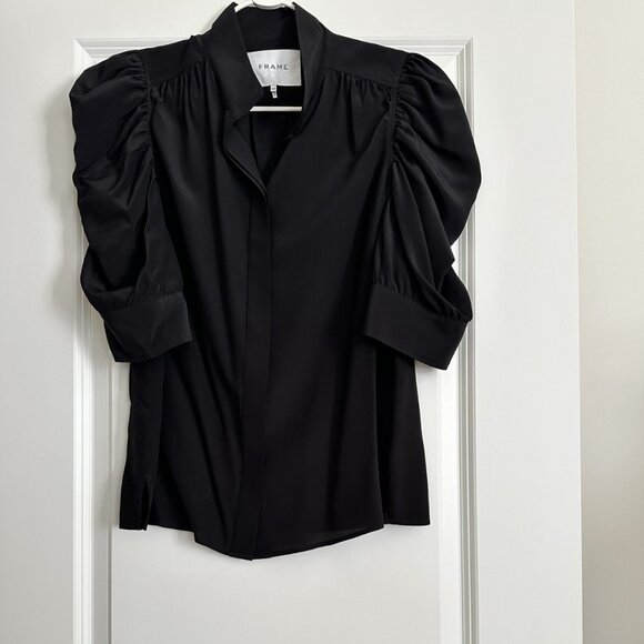 FRAME Gillian Black Silk Short Ruched Sleeve Blouse Size S - Picture 1 of 9